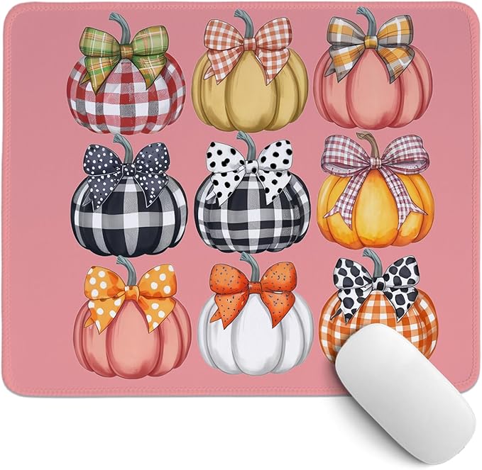 Coquette Pumpkin Mouse Pad,Cute Fall Autumn Pumpkin Mouse Pads,Pink Bow Girly Desk Mat for Home Office Dorm Desktop Decor,10.2x8.2 Inch