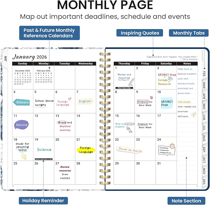 2026 Planner, Monthly and Weekly Calendar Planner for Women, Jan 2026 - Dec 2026, Hardcover Pretty 2026 Agenda Planner Book with Tabs, Spiral Bound, Perfect for School Office Home Supplies, 8.5" x 11" - Blue Floral
