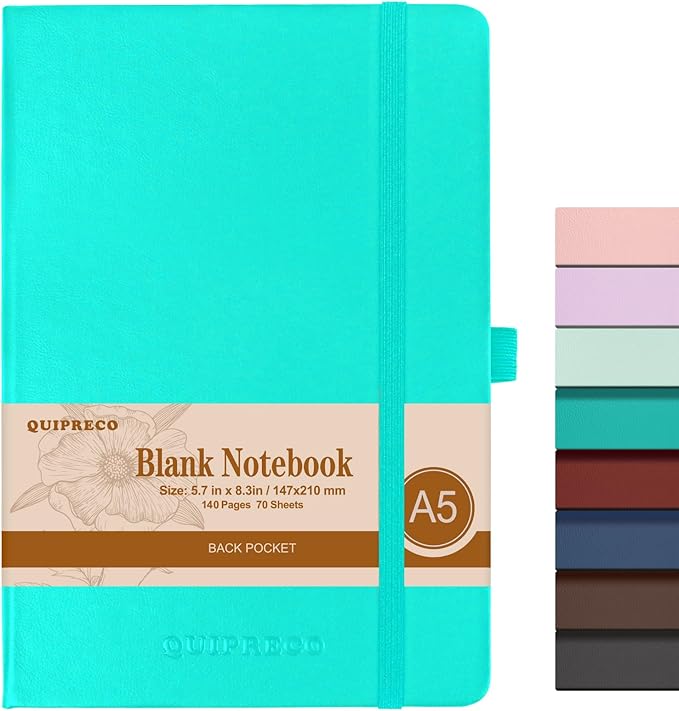 2Pack Blank Hardcover Sketch Book Notebook, A5 140 Pages 120Gsm Thick Journal for Drawing,School,Work,Diary，5.7''*8.3'',Turquoise