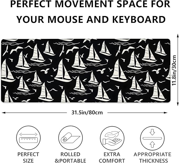 Classic Sailboat Gaming Mouse Pad, Boats, Waves, and Seagulls, Large Desk Mat for Computer, Extended Keyboard Laptop Mouse Pads 31.5×11.8in, Non Slip Rubber Mousepad for Office Decor Gifts