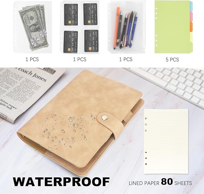 FYY A5 Binder Refillable Planner Notebook 6 Ring PU Leather Binder Journal with Pockets, Dividers, Refill Paper Khaki