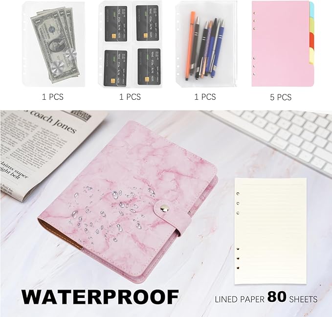 FYY A5 Binder Refillable Planner Notebook 6 Ring PU Leather Binder Journal with Pockets, Dividers, Refill Paper Marble Pink