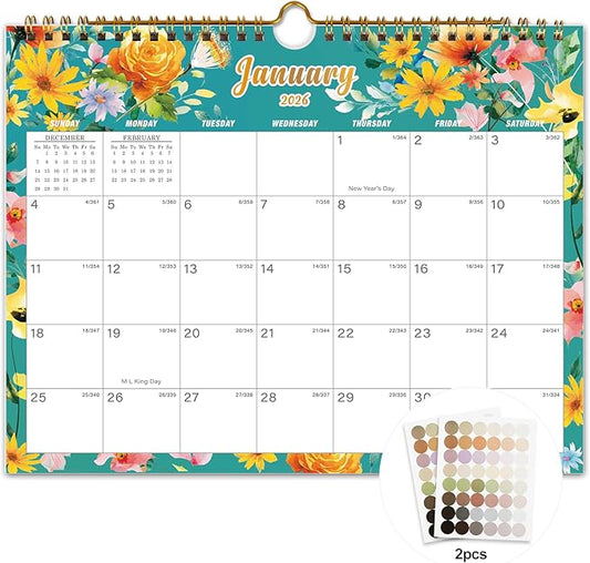 Calendar 2026-18 Monthly Wall Calendar, January 2026 - June 2027, 8.5" x 11", Calendar 2026-2027 with Twin-Wire Binding, Hanging Hook, Blocks and Julian Dates (Flowers Wall Calendar)