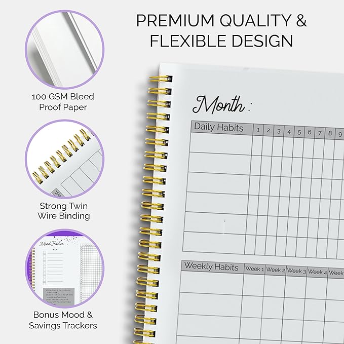 Habit Tracker & Goal Planner with Mood & Savings Trackers (8.75" x 11.25") - Undated Weekly & Monthly Habit Tracking - Goal Setting Journal - Spiral Binding with Modern Black Aesthetic Design