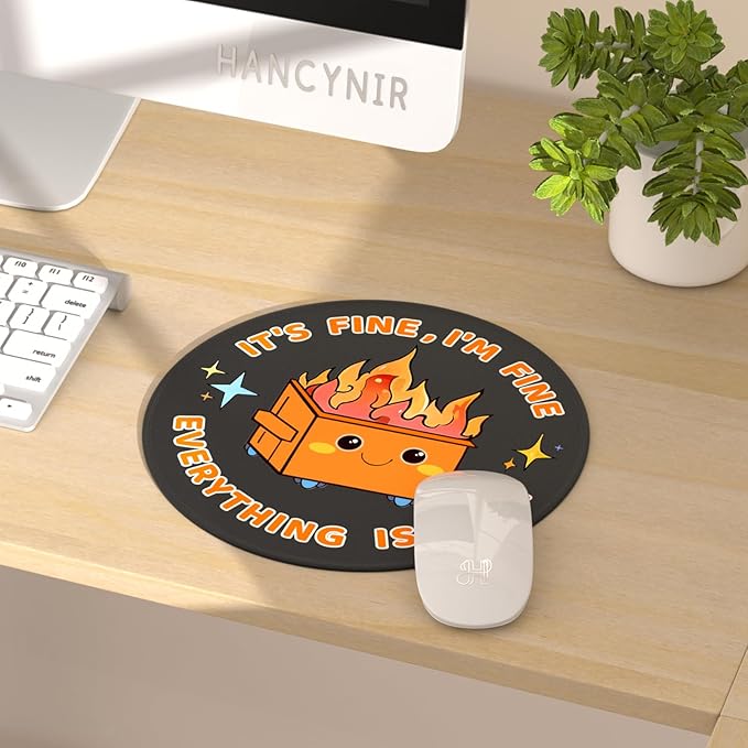 Funny Mouse Pad for Desk, Cute Office Decor for Women, Dumpster on Fire Small Mousepad with Non-Slip Rubber Base, Travel Round Computer Mouse Pads for Laptop Desk Accessories Office Supplies