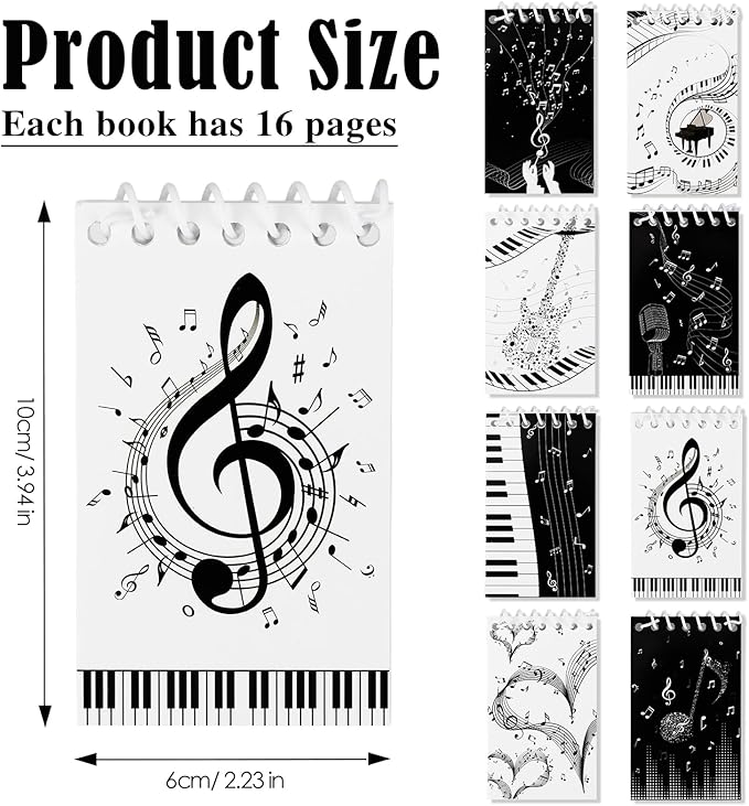 Konsait Music Themed Notepads, Music Note Mini Spiral Notebook Message Reminder for Office School Supplies Music Gifts for Teacher Student Classroom Rewards Party Favors (8 Pieces)