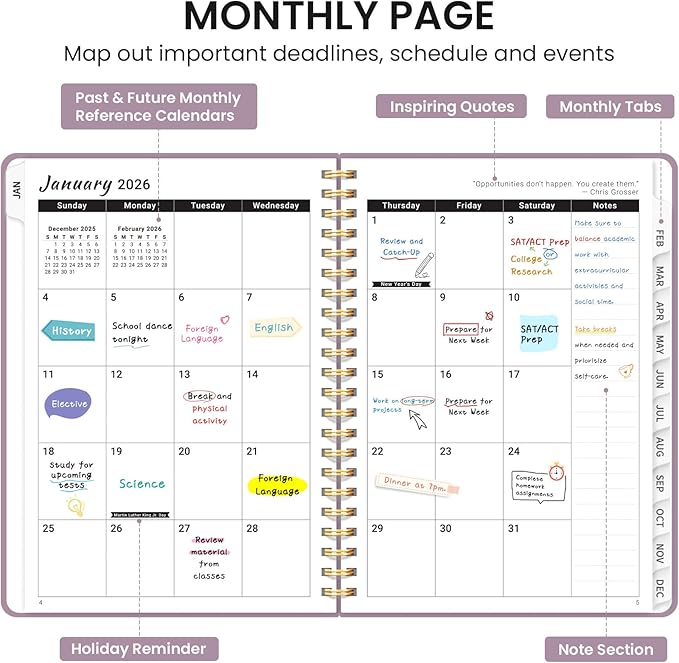 2026 Planner, Weekly and Monthly Calendar Planner, January 2026 - December 2026, Hardcover 2026 Calendar Book with Tabs For Women & Men, Inner Pocket, Spiral Bound, Perfect for Office Home School Supplies - A5 (6.3" x 8.5"), Boho Purple