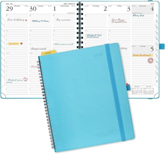 POPRUN 2026 Planner (Large - 8.5" x 10.5") with Hourly Schedule & Vertical Layout - 2026 Weekly Calendar (Jan. 2026 - Dec.2026) for Time Management, Monthly Tabs, Spiral Bound, Soft Cover - Blue Green