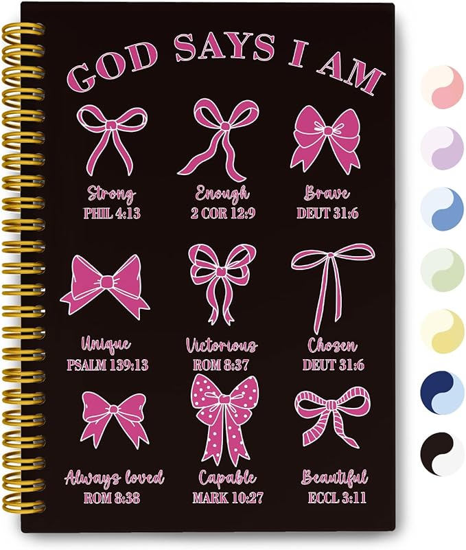 THDSE Bible Journal for Women, Christian Prayer Journal Notebook Gifts for Teen Girls Kids, Bible Study Supplies, Cute Bows Church Faith Journaling Hardcover Spiral Notebook 5.5 X 8.3(Black Pink)