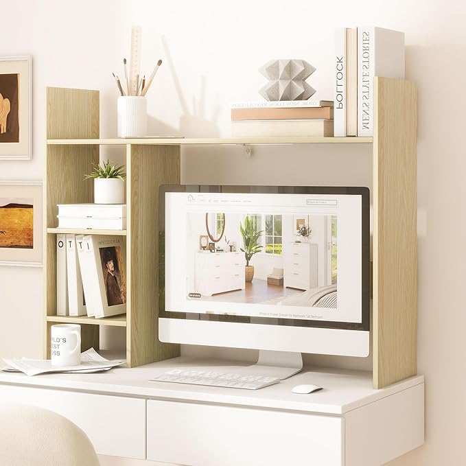 Desktop Bookshelf, 37.4’’ Wooden Desk Storage Hutch with 3 Shelves,4 Tier Multipurpose Display Shelf with Storage, Wooden Desk Shelf Organizer for Computer Desk, College Dorm, Office, Home