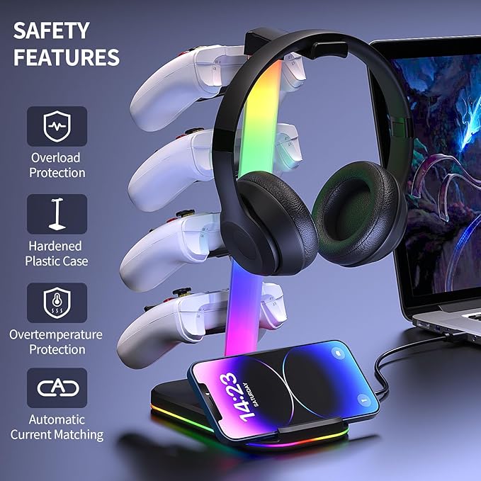 Controller Holder 5 Tier Headphone Stand Gaming Headset Holder RGB PC Gaming Accessories for Desk, Cool LED Headset Stand with 2 Type-C Outport, 1 USB Charger for Gamer, Black