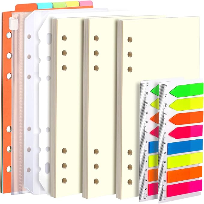 LEOBRO A6 Blank Paper, 135 PCS Planner Inserts for A6 Binder, Notebook, Loose Leaf Paper Refill with Binder Pockets & Dividers & Paperboard, Planner Refills (6.73"x3.74")