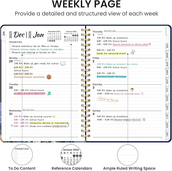 2026 Planner, Weekly and Monthly Calendar Planner for Women, Jan 2026 - Dec 2026, Hardcover Planning Agenda book with Tabs, Spiral Bound, Inner Pocket, Perfect for School Office Supplies, 6.3" x 8.5" - Lavish Bloom