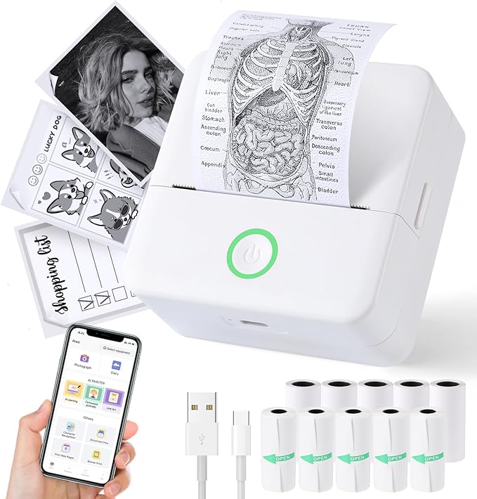 cudinham Print Pods Mini Printer, Sticker Printer with 10 Rolls Thermal Printing Paper, Inkless Pocket Printpod for Phone, Impresora Portátil for Notes, DIY, Compatible with iOS & Android (White)