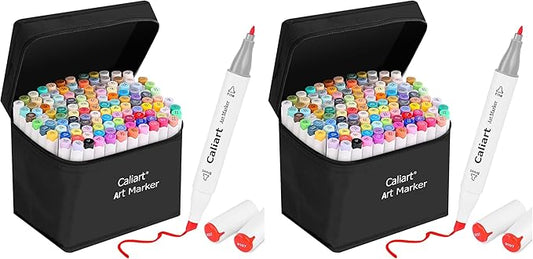 Caliart 121 Colors Alcohol Based Markers, Dual Tip Art Marker Set Chisel & Fine, Permanent Colored Pens for Adults Coloring Book Artists Sketch Illustration Drawing Supplies Gifts (Pack of 2)
