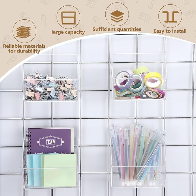 4 Pack Gridwall Baskets Hanging Gridwall Clear Acrylic Grid Wall Panels Bins Applicable to 3-inch Grid Board for Organizing Storage Display Kitchen Home Office Garage Bathroom (Simple Style)