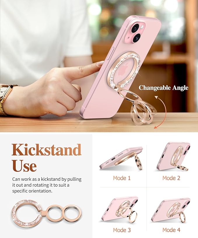 GVIEWIN Magnetic Phone Ring Holder, Compatible with MagSafe Phone Grip with Adjustable Stand, Magnet Phone Ring Kickstand for iPhone 17/16/15/14/13/12 Pro Max Plus Air/Other Phones (Glitter/Pink Gold)