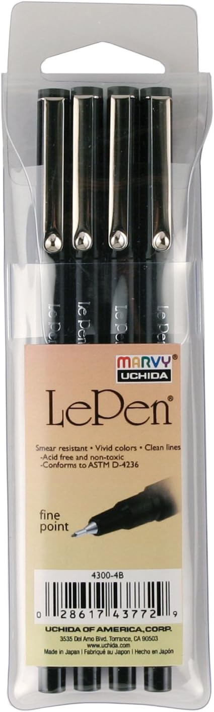 Uchida Of America 4300-4B 4-Piece 0.3 Point Size Le Pen Drawing Pen Set, Black