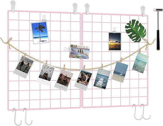 C&AHOME Photo Wall Display Set of 2, Grid Panel with Hooks, Clips, Hemp Cord, Hammer - 15.7" x 11.8", Pink UWWGM3402P
