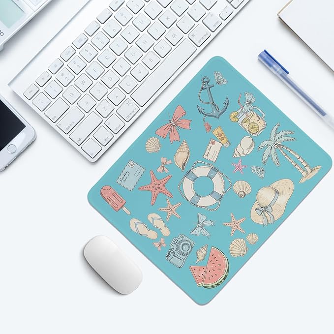 Blue Coastal Mouse Pad,Blue Beachy Desk Mat,Girly Summer Beach Seashell Mouse Pads for Dorm Home Office Beach Room Desktop Decor,11.8x9.8 Inch
