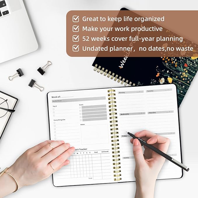 Weekly Planner Undated - 52 Weeks To Do List Notebook A5 for Work: Weekly Task, Habit Tracker Journal, Goal Setting, Agenda Sprial Bound Organizer Book Women Cute Stylish Design, Black Flower