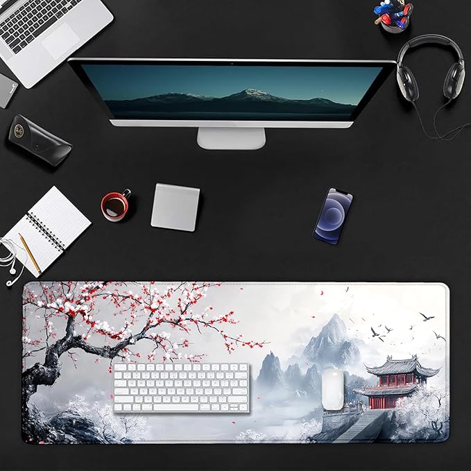Cherry Blossom Japanese Large Mouse Pad, Desk Mat Computer Keyboard Pad Non-Slip Rubber Base Waterproof with Stitched Edges for Laptop Gaming, Office & Home 31.5 x 11.8 Inch