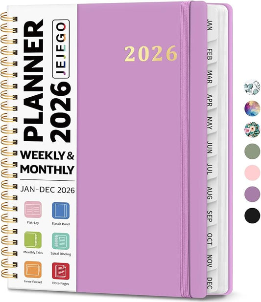 2026 Planner, Weekly and Monthly Calendar Planner Book, January 2026 - December 2026, Hardcover Spiral Planner with Monthly Tabs, Notes Pages, Perfect for Women & Men, A5 (6.4" x 8.5") - Purple