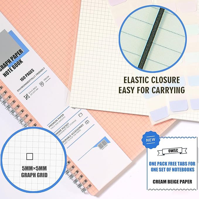 3 Pack Graph Notebook, 8.5 x 11 Inches Spiral Notebooks for Work, School and Journal with 110 GSM Graph Paper, Large Notebook with 80 Sheets/160 Pages, Hardcover Grid Paper Notebook