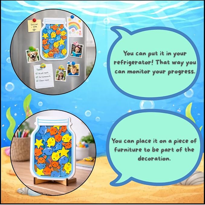 Reward Jar for Kids – Habit Tracker & Positive Behavior System with Reusable Tokens – Visual Chore & Motivation Tool (Fish)