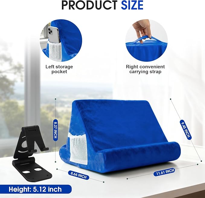 Universal Multi-Angle Tablet Holder - Soft Pad Stand with Net Pocket & Phone Stands for Lap, Knee, Sofa and Bed Phone Pad Stands(Blue)
