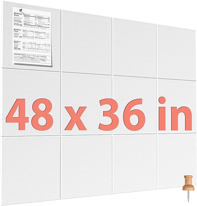 MaxGear Large Cork Board for Wall 48" x 36" White Bulletin Board, 12 Pack Felt Wall Tiles with Pushpins, Cork Boards for Office Pin Board Tack Board for Photo Meno Decor