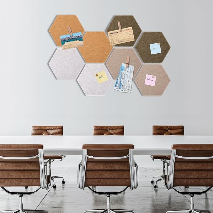 8 Pcs 12" Large Hexagon Felt Cork Board Tiles Self Adhesive DIY Bulletin Board Pin for Office Home Wall Decor Stickers Memos Photos Display with 10 Multi-Color Clip Drawing Pins (Burlywood)