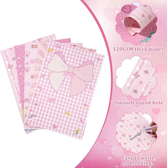 100 Sheets Pink Bow A5 Planner Inserts - 120GSM Thick Bowknot Refill Papers for A5 6-Ring Binder, Cute Cartoon Cat Loose Leaf Sheets for Journal Diary Creative Planning Budget Girls Women