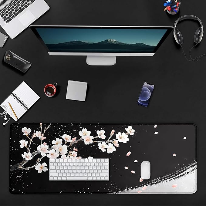 Black and White Japanese Cherry Blossom Large Mouse Pad, Desk Mat Computer Keyboard Pad Non-Slip Rubber Base Waterproof with Stitched Edges for Laptop Gaming, Office & Home 31.5 x 11.8 Inch