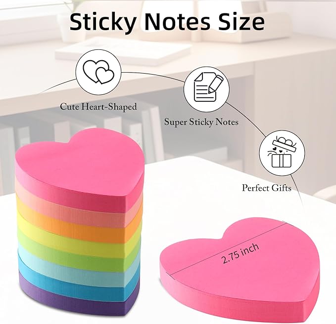 Heart Sticky Notes 8 Colors 100 Sheets/Pad, 800 Sheets Colorful Self-Stick Note Pads Stationary Cute Desk Accessories Office School Teacher Supplies Teacher Gifts
