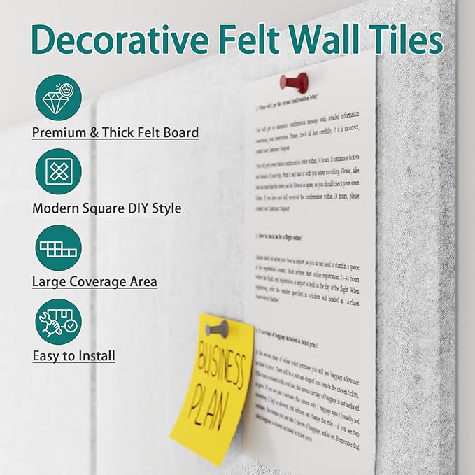 Felt Cork Board for Wall: Extra Large Bulletin Board for Office - 0.5 Inch Thick Corkboard Tiles 6 PCS Grey Pin Board Squares Adhesive