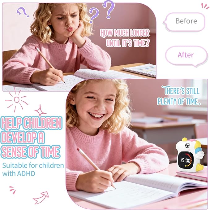 Unicorn Visual Timer for Kids, Rechargeable 99:59 Digital Countdown Timer, Visual Time Progress Display, Adjustable Volume, Classroom Homeschool Study Timer