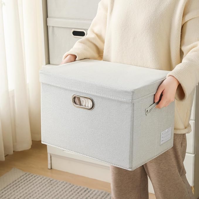 PRANDOM Collapsible Storage Bin with Lid [1-Pack] Fabric Foldable Storage Box Organizer Container Basket Cube with Cover for Home Bedroom Closet Office Nursery Beige(15.3x10x9.7)