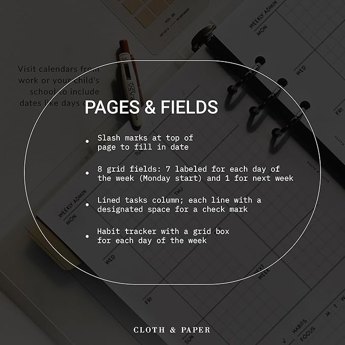 Cloth & Paper Weekly Admin Planner Inserts | Personal Size 3.75 x 6.75 Inches | 6 Ring Punch | Minimalist Monday Start Layout | Weekly Task List & Habit Tracker Refill for Personal 6 Ring Agendas