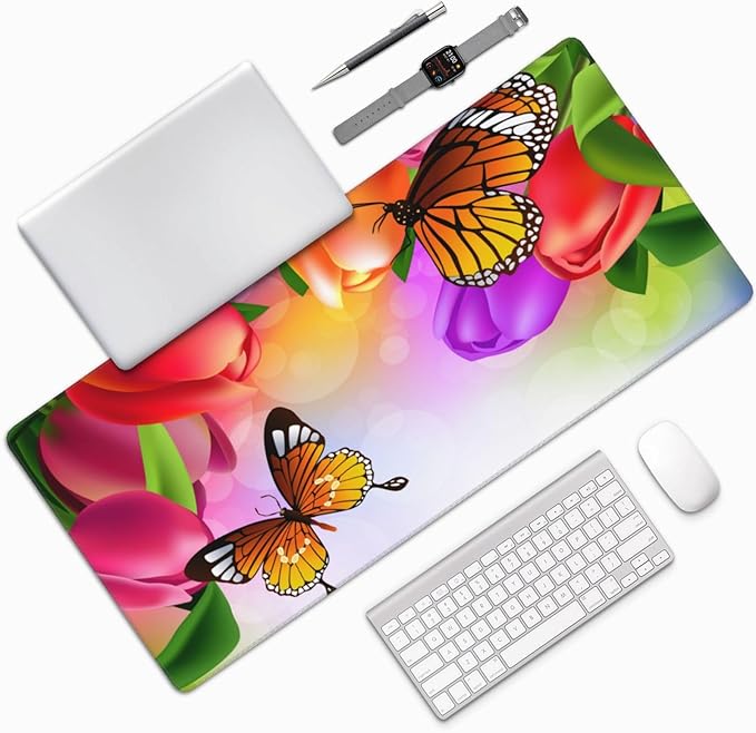 Extra Large Mouse Pads Tulip Flowers and Butterflies XXL Extended Mousepad with Stitched Edges Non-Slip Rubber Base Computer Keyboard Pad Desk Mat for Home Office Desk Decor, 35.4" X 15.7"