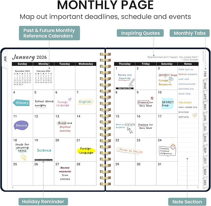2026 Planner, Weekly and Monthly Calendar Planner for Women, Jan 2026 - Dec 2026, Hardcover Planning Agenda book with Tabs, Spiral Bound, Inner Pocket, Perfect for School Office Supplies, 6.3" x 8.5" - Blue Patchwork