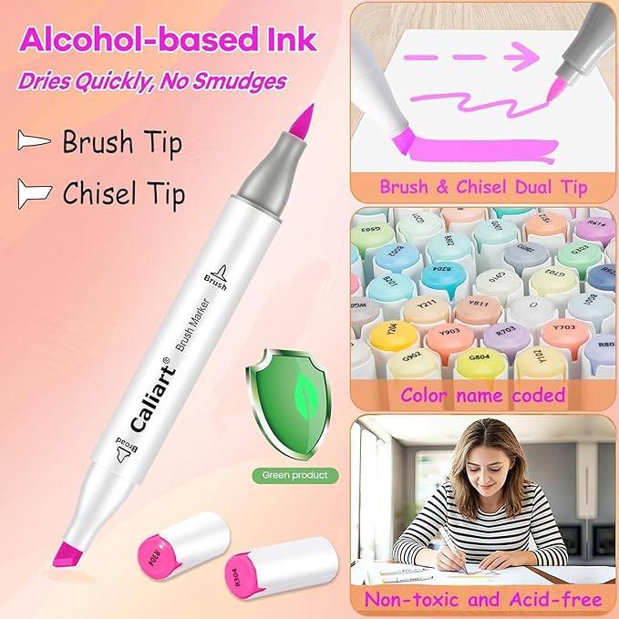 Caliart Markers Brush & Chisel, 18 Colors Alcohol Markers for Adult Coloring Book, Dual Tip Art Pen Set for Artist Illustration Sketch Drawing Gift