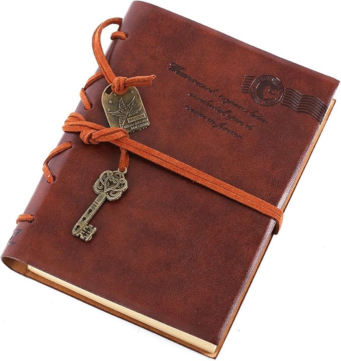 EvZ Leather Writing Journal Notebook, Classic Key Bound Retro Vintage Notebook Diary Sketchbook Gifts with Unlined Travel Journals to Write in for Girls and Boys Notepad Guest Book, Dark Coffee