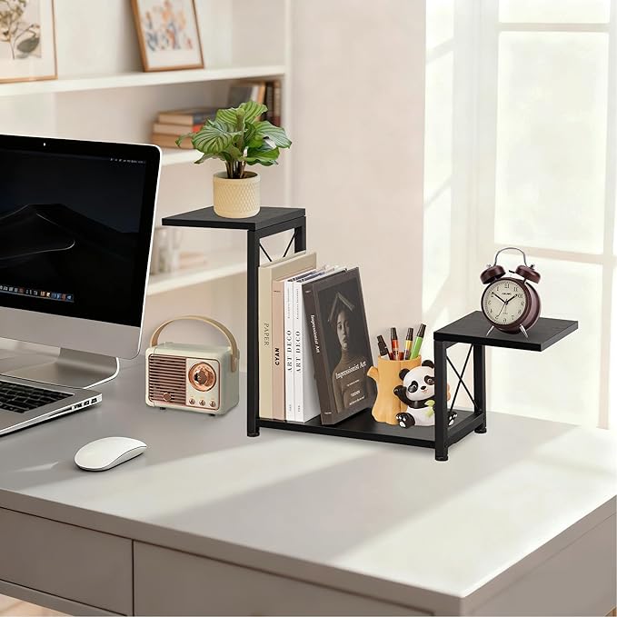 Desk Shelf Organizer, 3 Tier Storage Shelf Riser Display Stand, Wood Desktop Organizer Small Bookshelf, Desktop Shelf for Office Decor and Desk Accessories,Rustic Brown Black