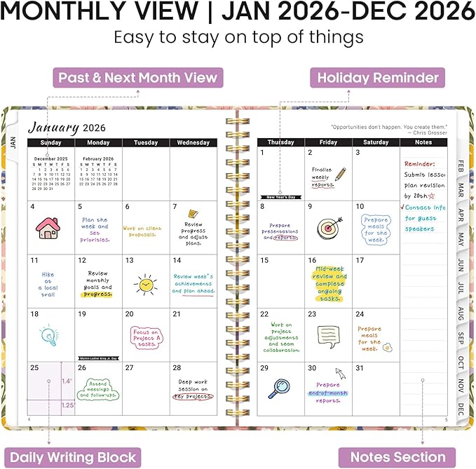 2026 Planner, Weekly and Monthly Calendar Planner Book, January 2026 - December 2026, Hardcover Spiral Planner with Monthly Tabs, Notes Pages, Perfect for Women & Men, A5 (6.4" x 8.5") - FLoral