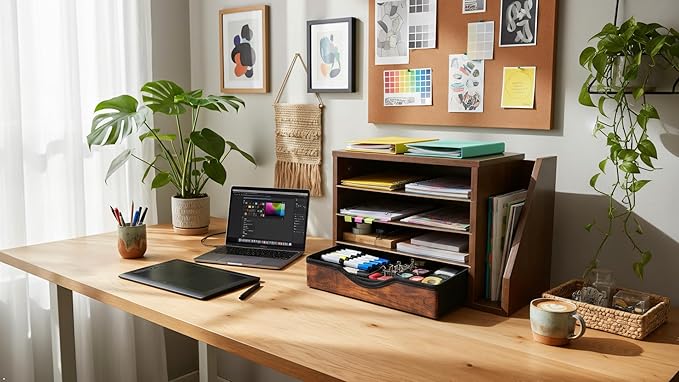 File Organizer with Drawer, Office Wood Desk Organizer with drawers, with 4 Adjustable Shelves, Mail Sorter with Drawer, Office Desk Paper Holder, Brown
