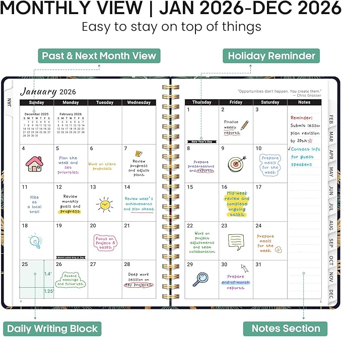 2026 Planner, Weekly and Monthly Calendar Planner Book, January 2026 - December 2026, Hardcover Spiral Planner with Monthly Tabs, Notes Pages, Perfect for Women & Men, A5 (6.4" x 8.5") - Cranes