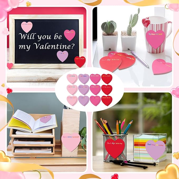 Teling 24 Pack Valentine's Day Sticky Notes Heart Shape Sticky Notes 3 x 3 Inch Inspirational Notepads Bulk Cute Memo Pads for Valentines Party Gifts School Office Supplies (Red Pink Purple)