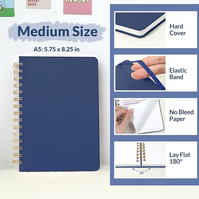 SUNEE Journaling Notebooks, A5 Lined Spiral Notebook for Women, 146 Pages College Ruled Hardcover Notebook for Work, Note Taking, Journaling and Office School Supplies, A5 - Navy Blue