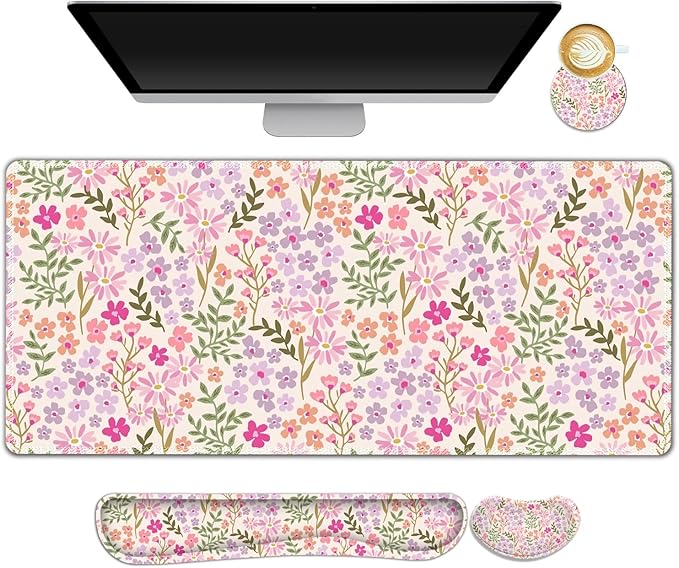 Large Gaming Mouse Pad Set, Ergonomics Keyboard Desk Mat with Memory Foam Wrist Rest, Computer PC Extended Game Mousepad, Non-Slip Desk Matt Easy Typing Pain Relief I Artistic Colroful Flowers